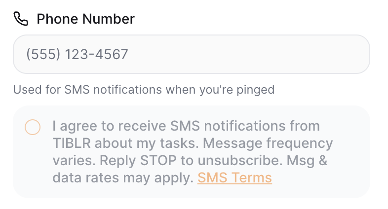 TIBLR SMS opt-in form showing phone number field and consent checkbox with disclosure text