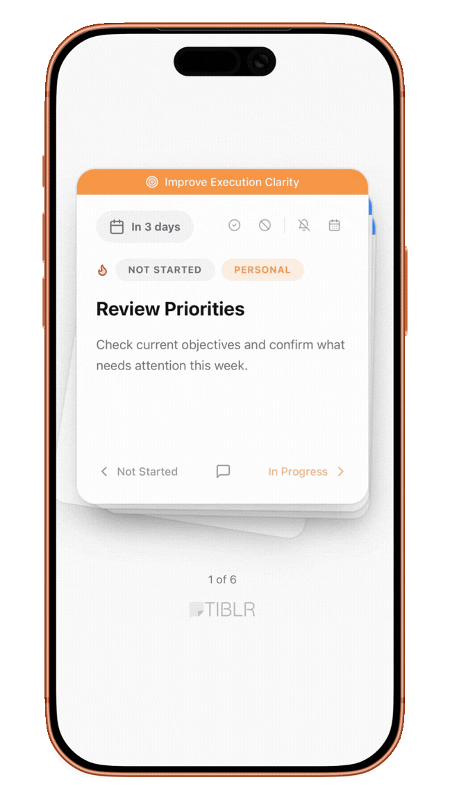 TIBLR task management app demo — swipe through your daily task stack to review, accept, or snooze tasks